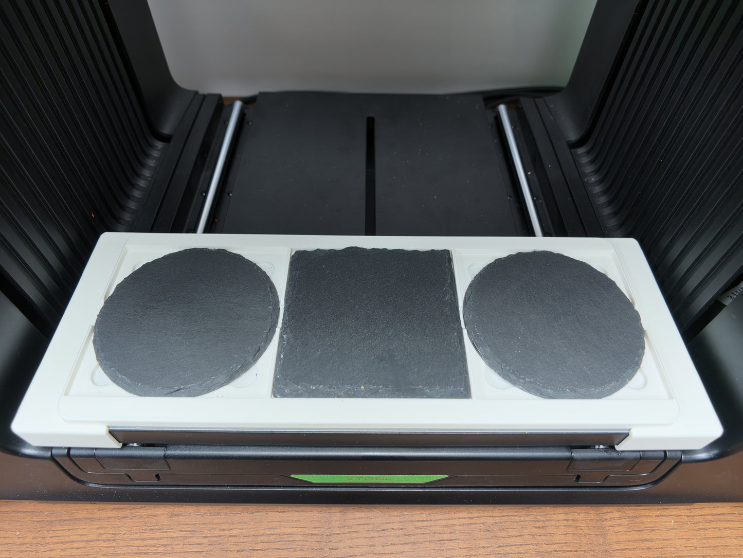 Slate coaster jig for xTool O1 Omni UV printer holding 3 slate coasters