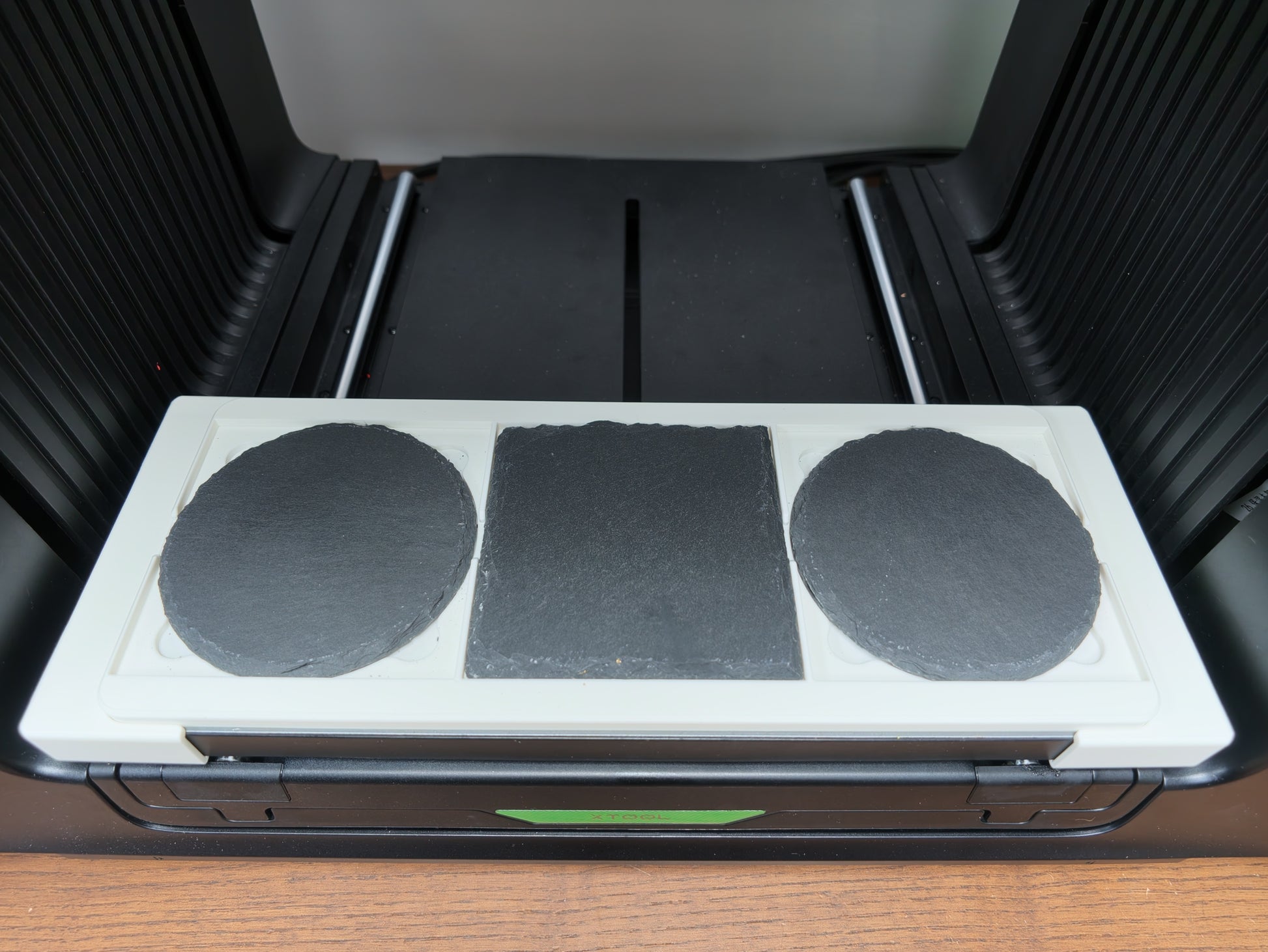 Slate coaster jig for xTool O1 Omni UV printer holding 3 slate coasters