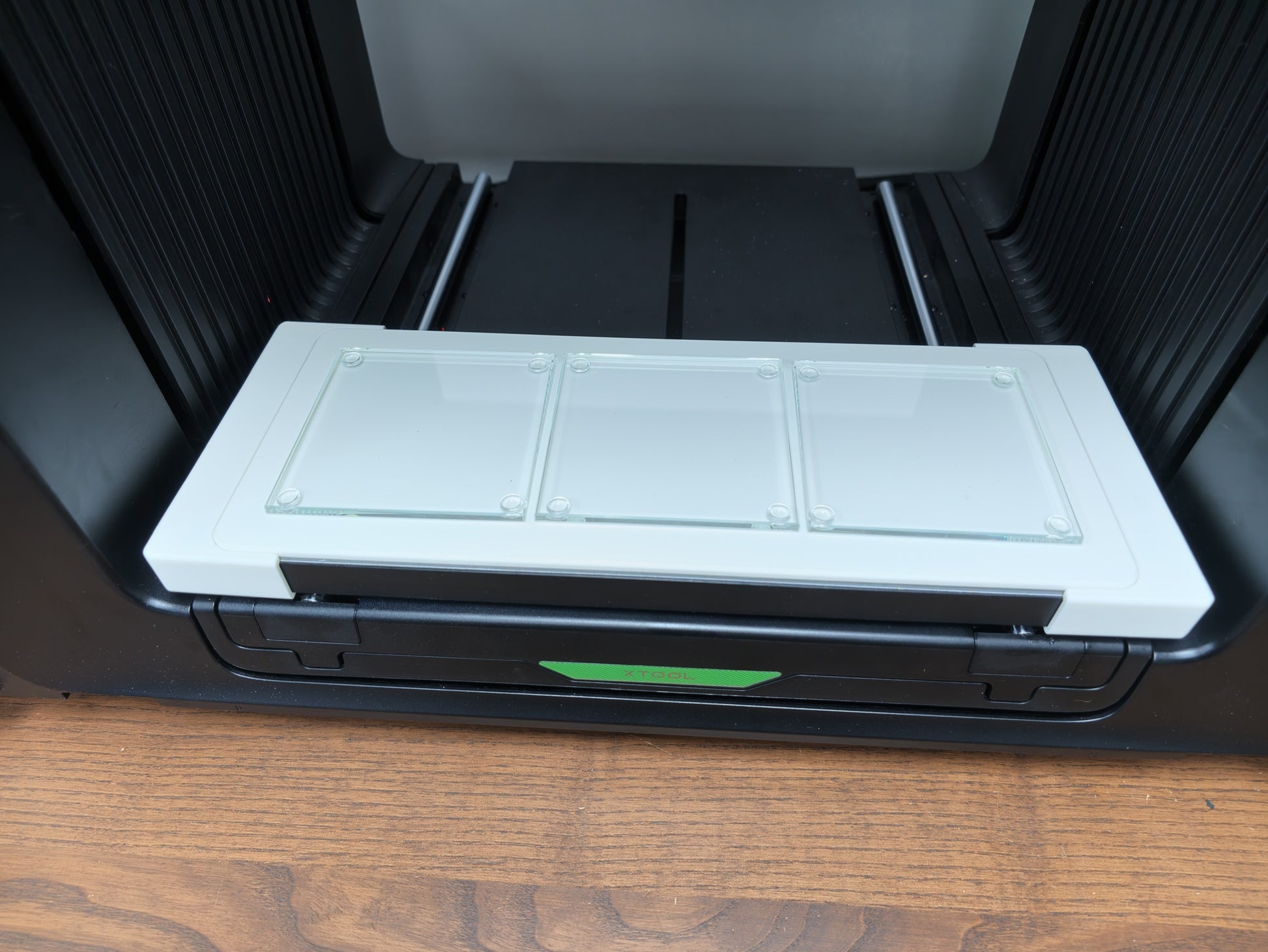 Glass coaster jig holding 3 coasters on the xTool O1 Omni UV printer