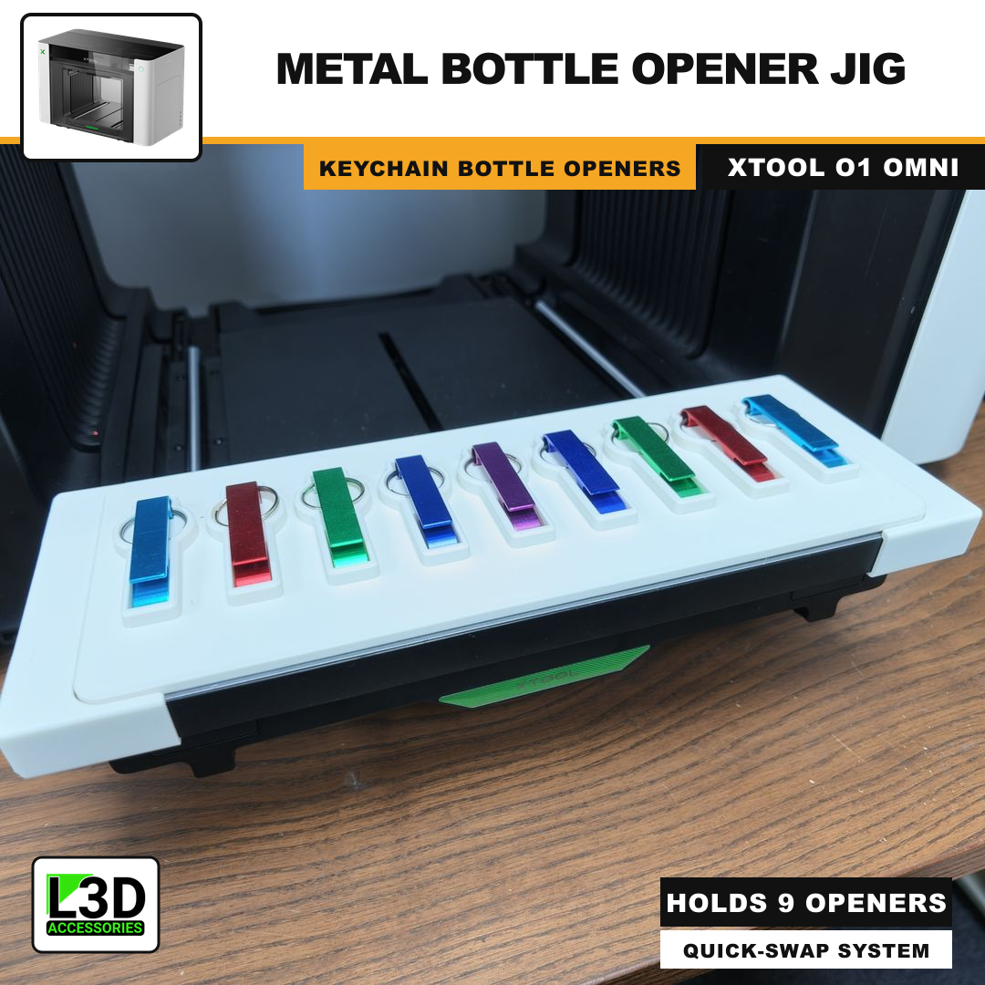Metal Bottle Opener Keychain Jig for xTool O1 Omni, holds 9 openers