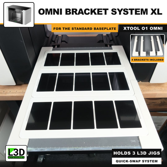 Omni Bracket System XL for xTool O1 Omni UV Printer, 4 brackets that hold 3 L3D jigs on the Standard Baseplate