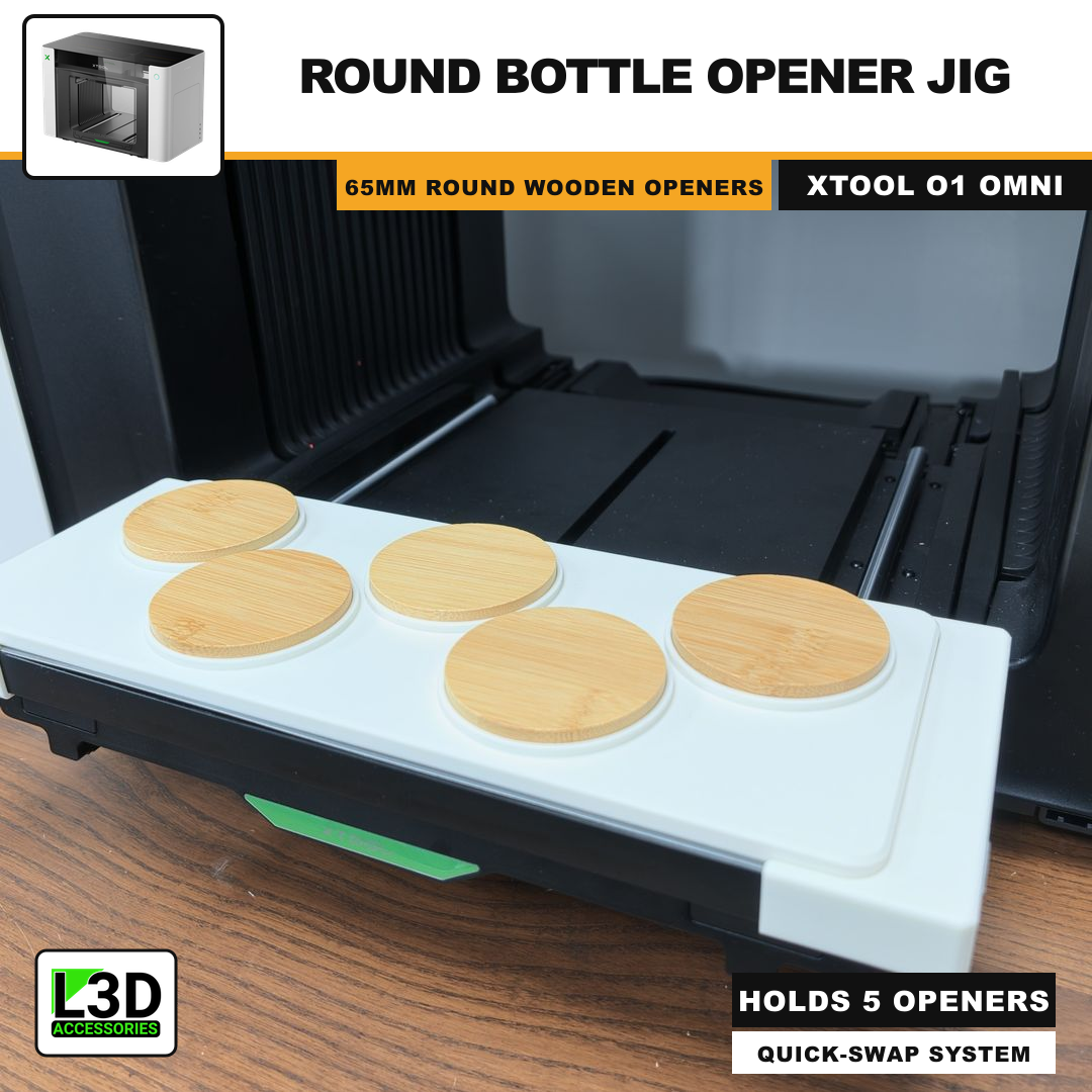 Round Wooden Bottle Opener Jig for xTool O1 Omni UV Printer, holds 5 openers