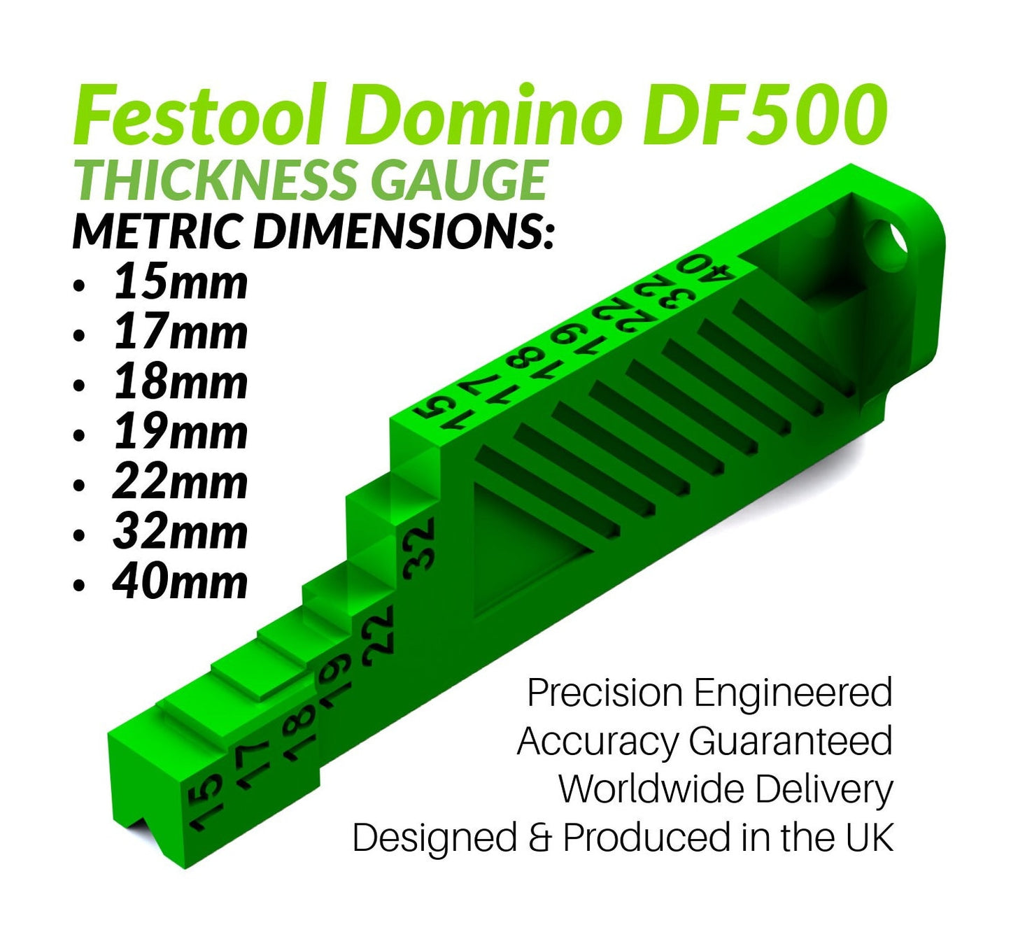 Festool Domino DF500 - Metric Fence Height Thickness Gauge  (15mm, 17mm, 18mm, 19mm, 22mm, 32mm, 40mm) UK/EU Veneer Sizes