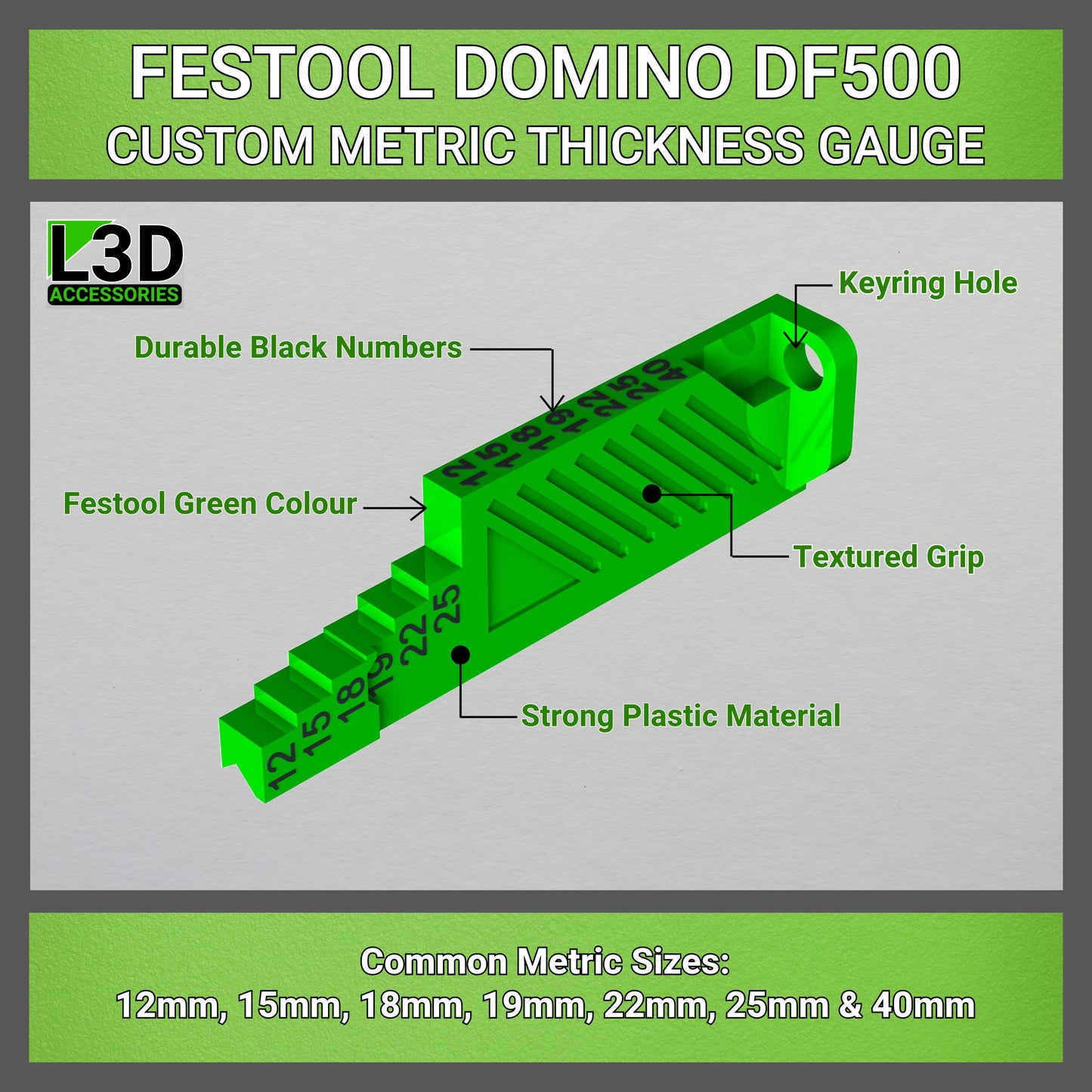 Festool Domino DF500 - Metric Fence Height Thickness Gauge (12mm, 15mm, 18mm, 19mm, 22mm, 25mm, 40mm) UK/EU Standard Sizes