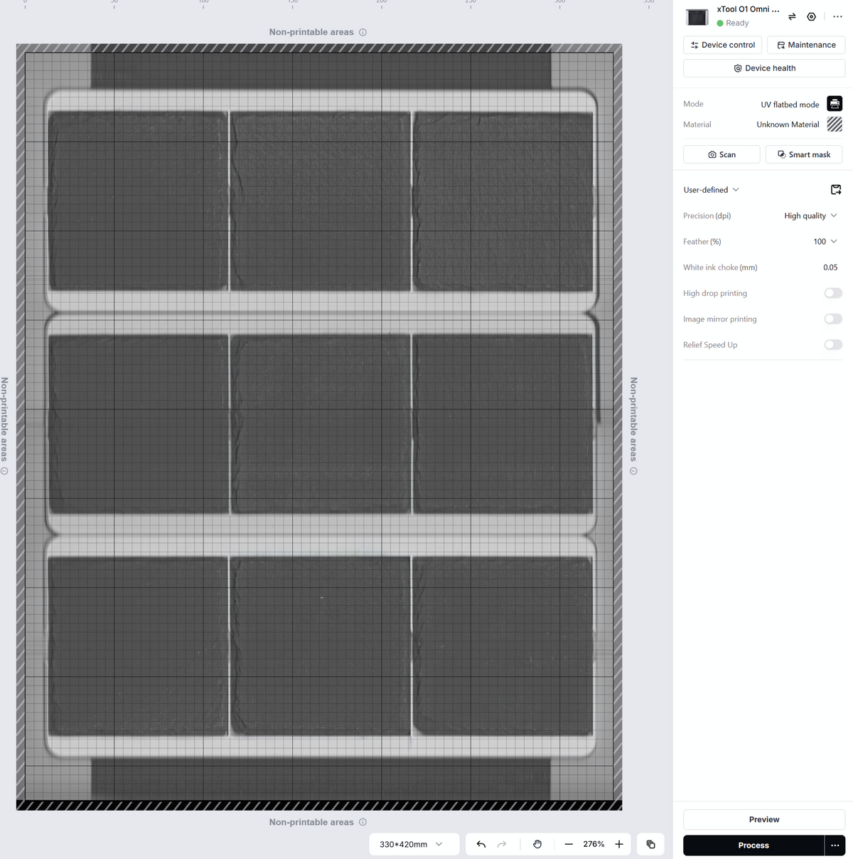 xTool Studio scan of three L3D slate coaster jigs in the Omni Bracket System XL, all nine slates inside the printable area of the 330 x 420mm Standard Baseplate