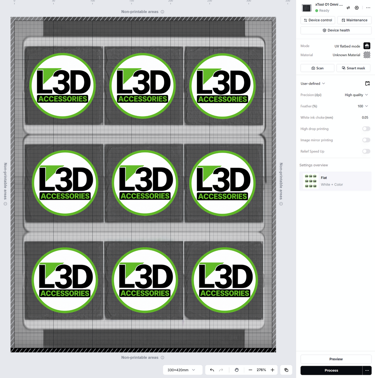 Logo designs placed on all nine slate coasters in xTool Studio, ready to batch print with the Omni Bracket System XL