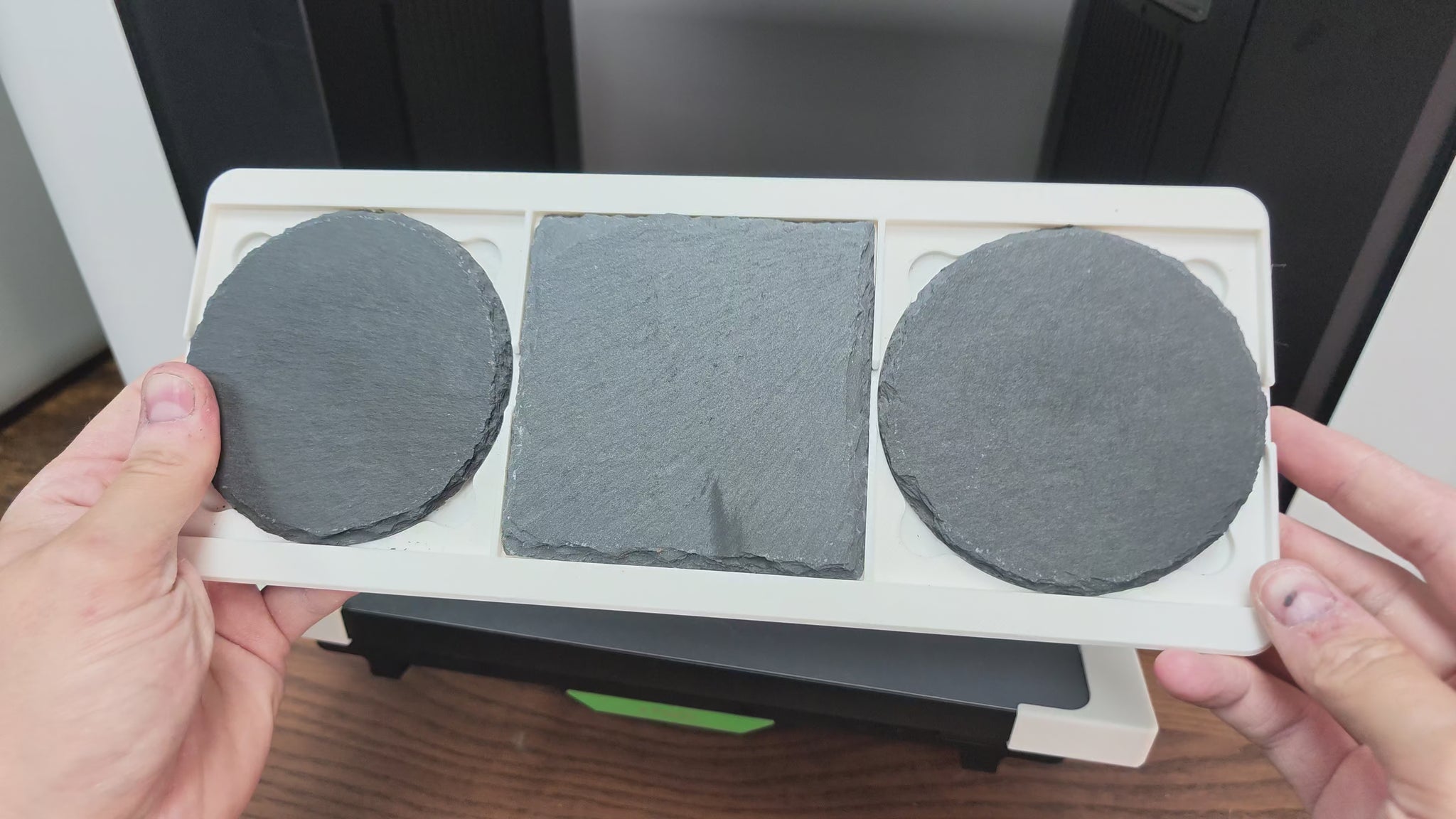 Video of the slate coaster jig in use on the xTool O1 Omni UV printer