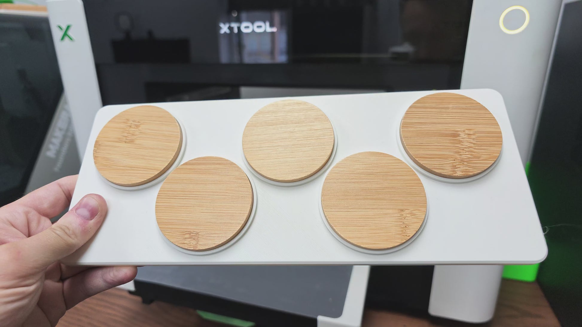 Round Wooden Bottle Opener Jig in use on the xTool O1 Omni