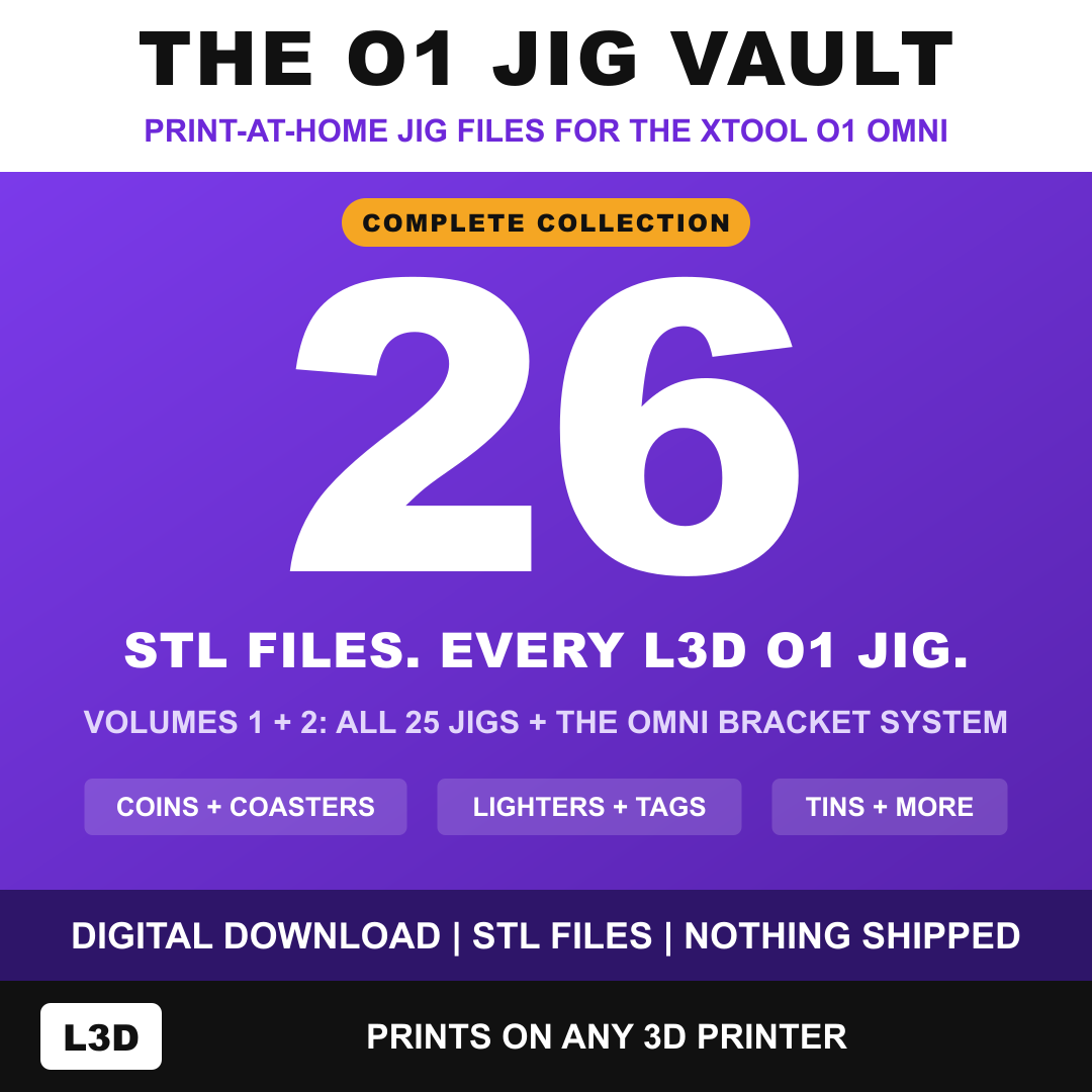 The O1 Jig Vault Complete: all 26 L3D STL files for the xTool O1 Omni in one digital download, prints on any 3D printer