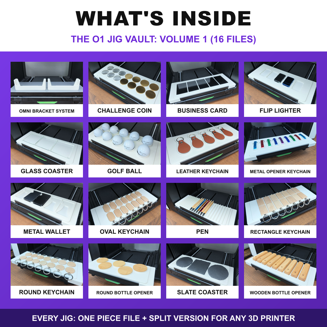 What's inside The O1 Jig Vault Volume 1: the original 16 L3D files for the xTool O1 Omni